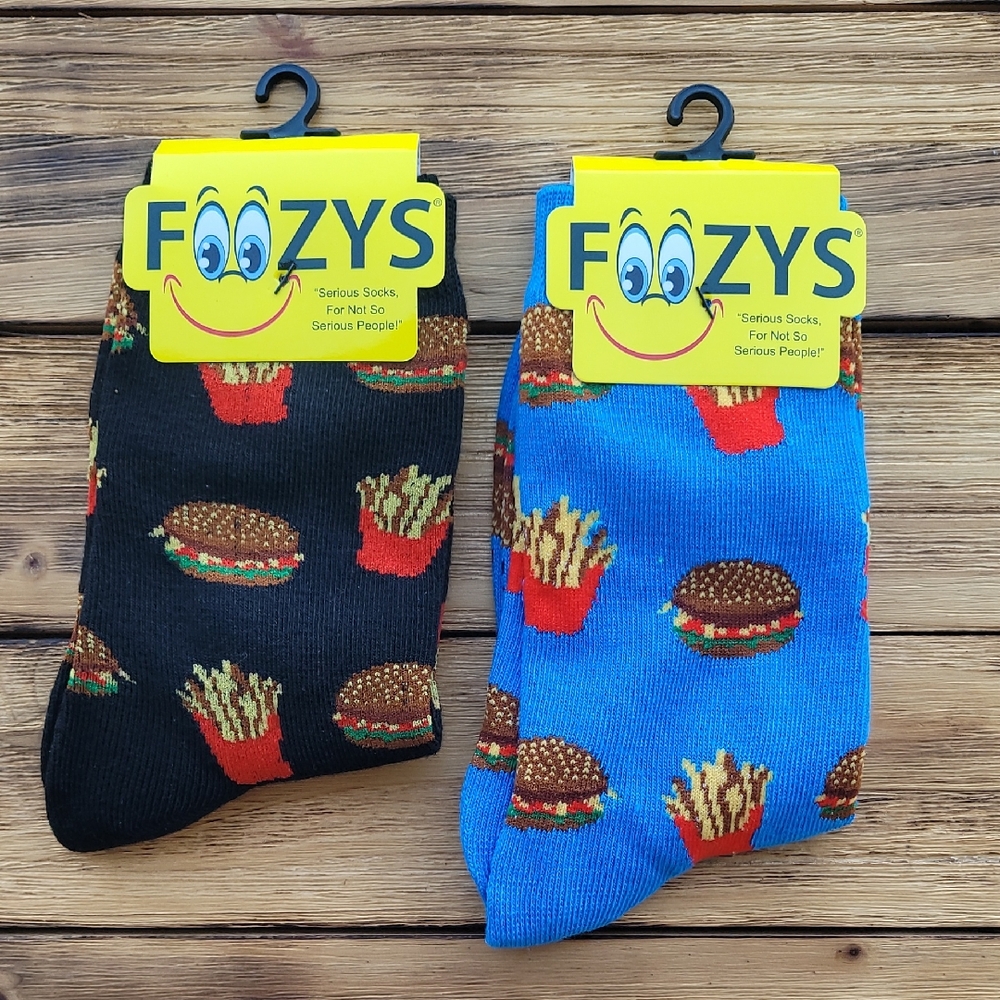 NWT Foozys Fun Burger and Fries Socks - Black and Blue 2 Pair Set